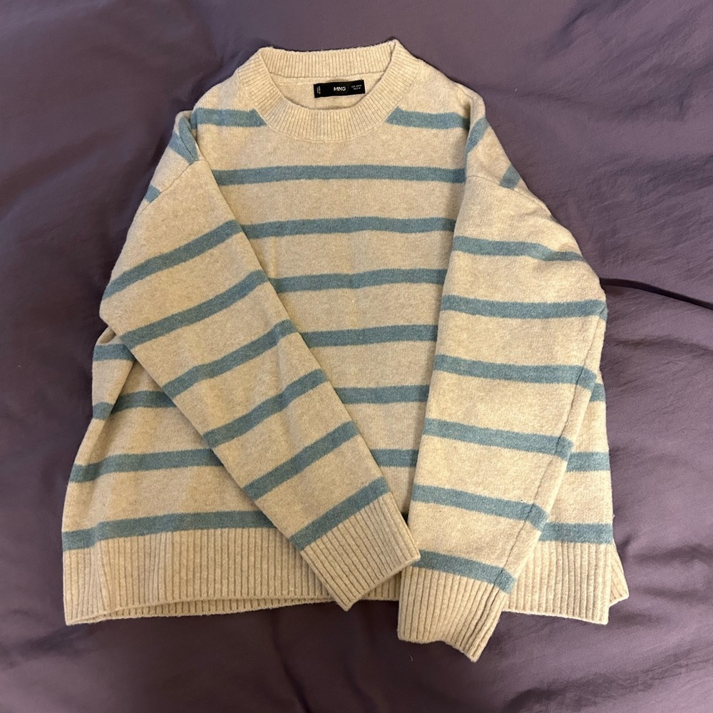 Mango Women's Crewneck Sweater - Beige and Blue Stripes